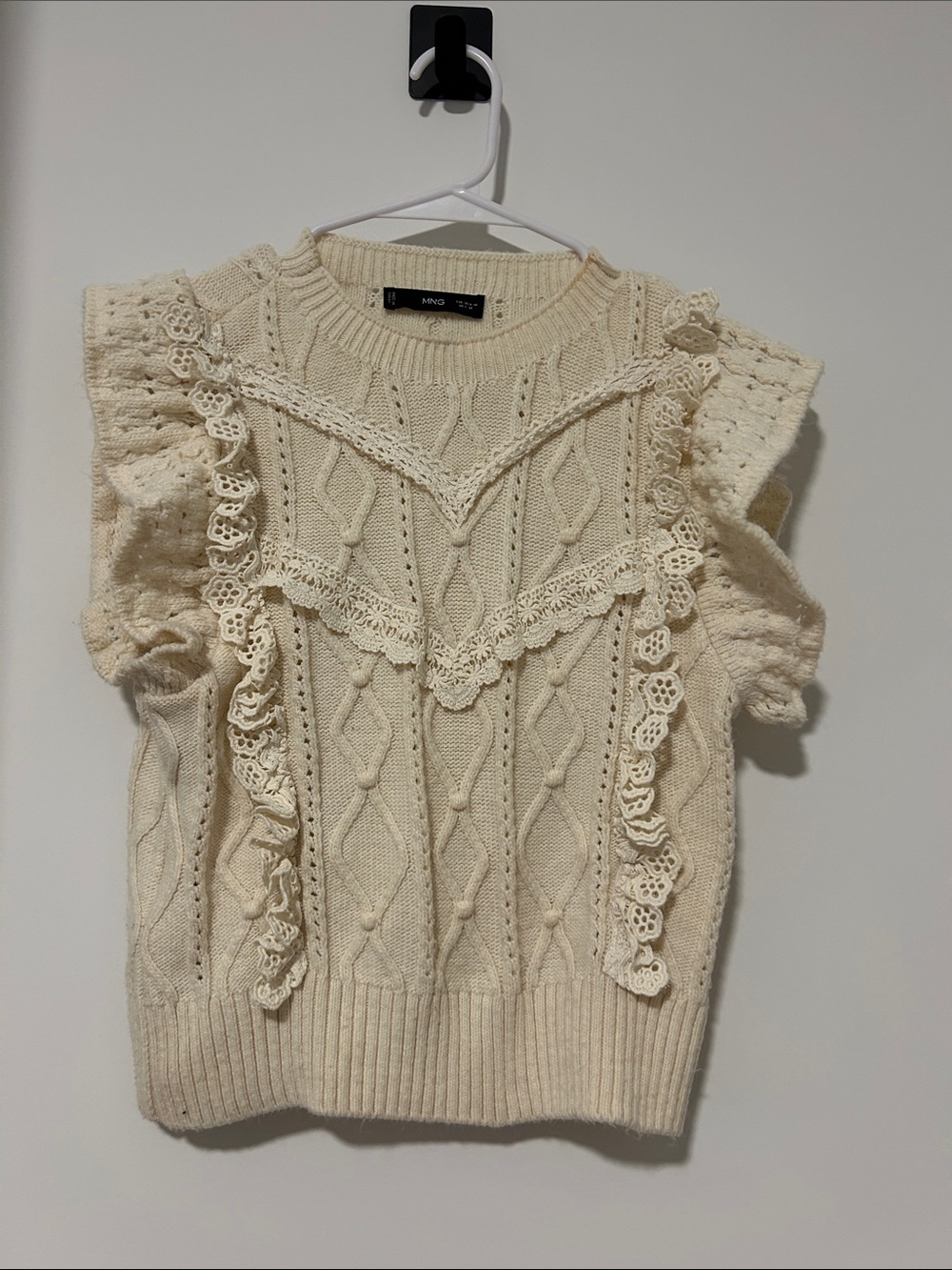 Mango Ivory Lace-Trim Cable Knit Vest